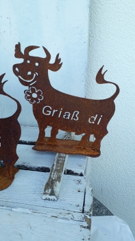 Deko Spaß Kuh mit der Schrift Griaß di ein Blickfang für ihren Eingang 25x25 cm